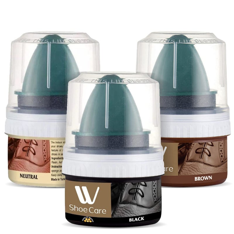 WBM W Shoe Care Shoe Cream with Sponge Applicator, Protects Leather from Scuffs and Scratches, Best for All Kind of Leather Surfaces, Professional Shine with Black, Brown & Neutral - Image 1